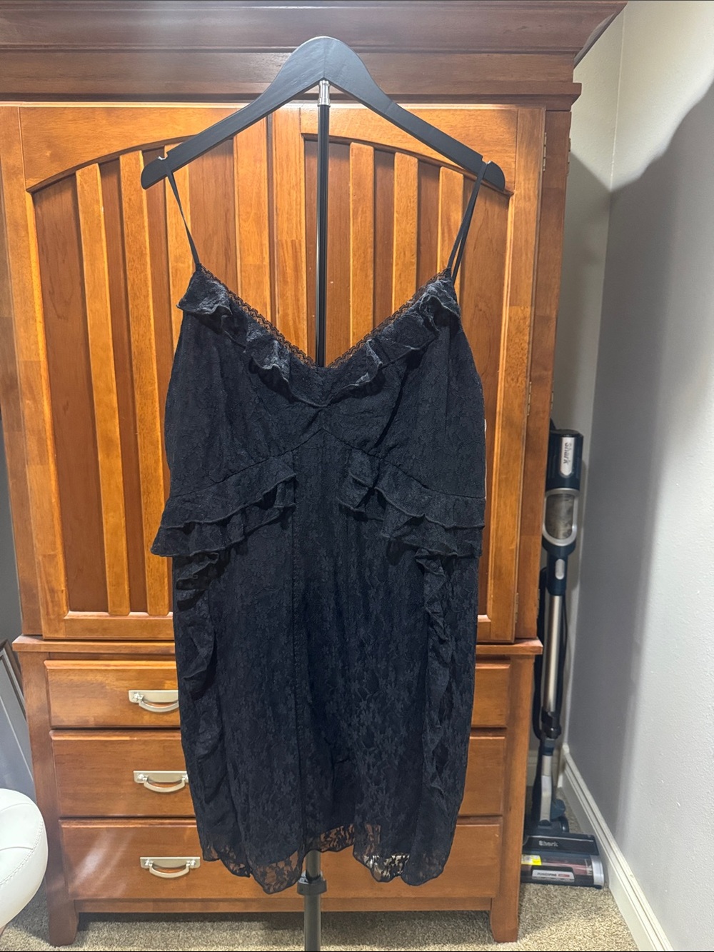 American Eagle Black Lace Slip Dress with Ruffle Trim